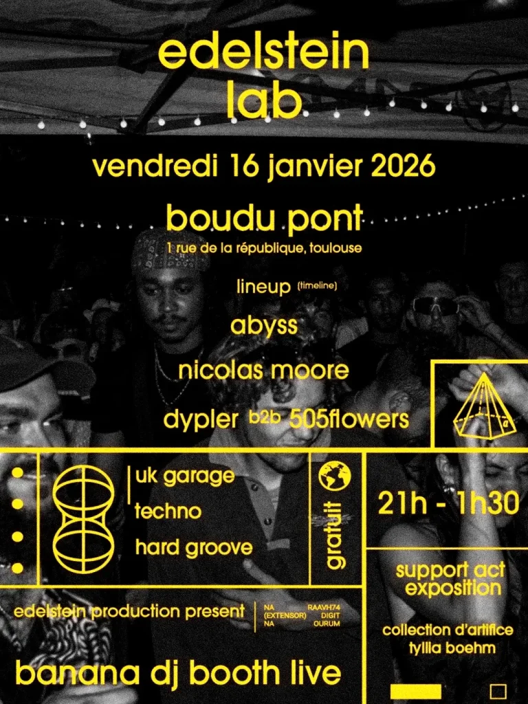 Carabine présente PAN PAN! au Boudu Pont – soirée DJ gratuite à Toulouse Affiche de la soirée Edelstein Lab au Boudu Pont à Toulouse, DJ set UK garage, techno et hard groove avec exposition artistique, bar culturel quartier Saint-Cyprien