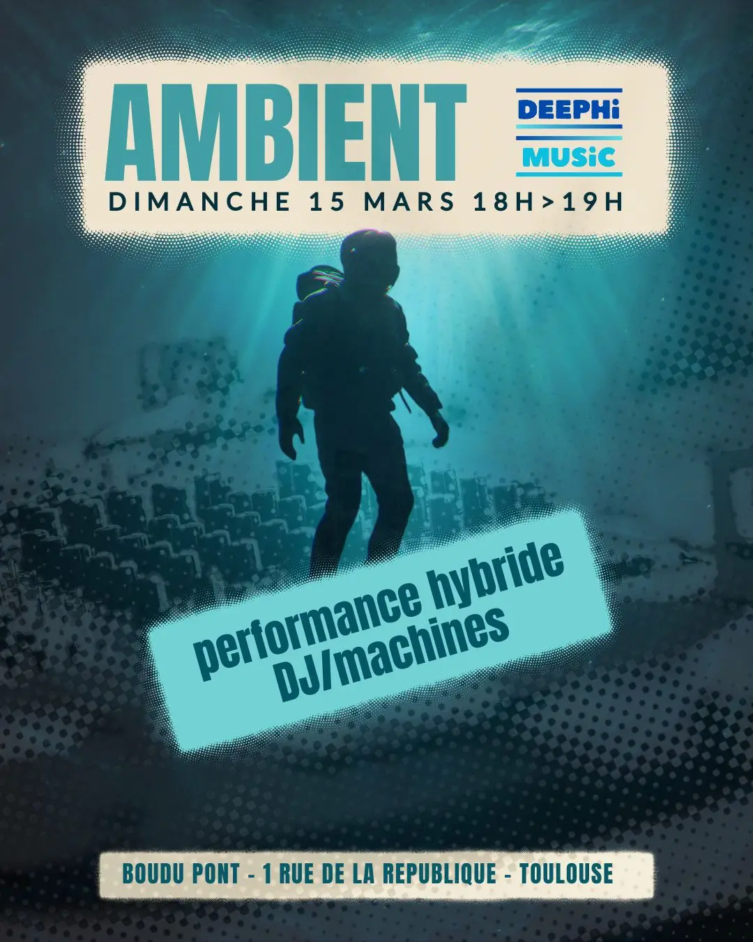 Dee Phi en live au Boudu Pont – musique ambient à Toulouse Affiche du concert de Dee Phi au Boudu Pont à Toulouse, performance hybride DJ et machines de musique électronique ambient, dimanche 15 mars à 18h