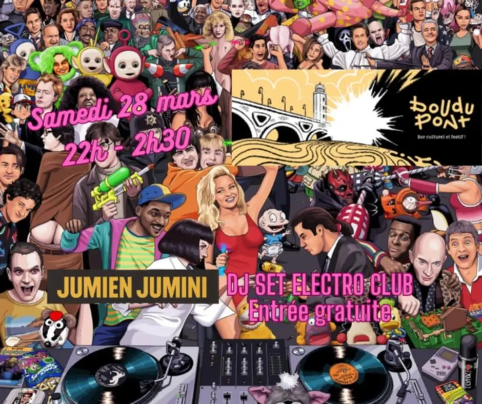 Jumien en DJ set au Boudu Pont – French Touch à Toulouse Affiche du DJ set de Jumien au Boudu Pont à Toulouse, soirée électro club French Touch et tech house le samedi 28 mars à 22h dans le quartier Saint-Cyprien