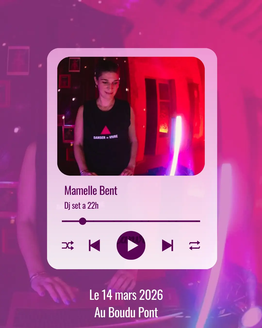 Mamelle Bent en DJ set au Boudu Pont – soirée Hip-Hop & RNB à Toulouse Affiche du DJ set de Mamelle Bent au Boudu Pont à Toulouse, soirée Hip-Hop et RNB le samedi 14 mars à 22h dans le quartier Saint-Cyprien